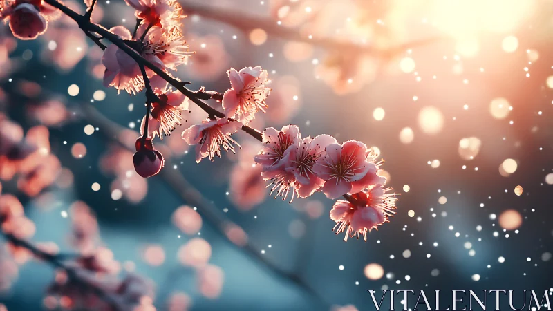 Cherry Blossoms Backlit with Crystalline Bokeh Particles.