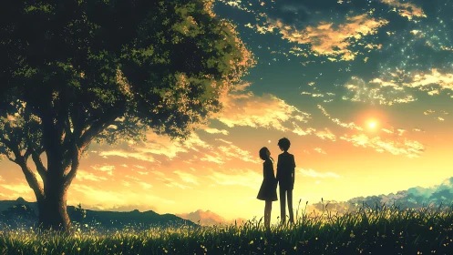 Silhouetted figures under tree against sunset sky panorama.