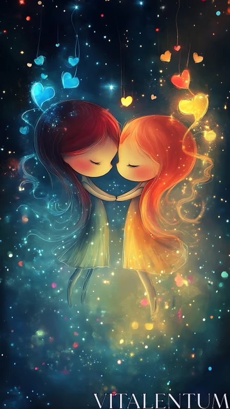 Two stylized figures kissing with opposing luminescent hair in cosmic particle environment