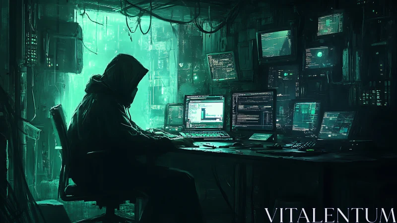 Hooded coder in neon-lit cyber lair of glowing monitors.