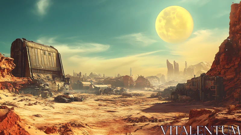 Desert industrial outpost under large sun on rocky plain.