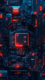 Neon motherboard maze with a glowing digital city heart.