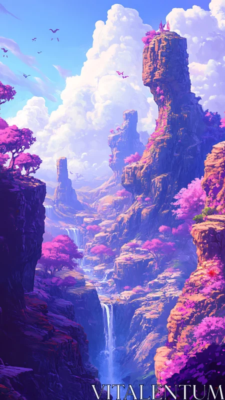 Vertical canyon with waterfalls and pink-leaved trees at noon.