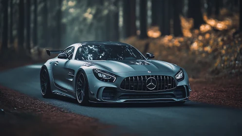 Forest-bred silver supercar prowls a misty twilight road.