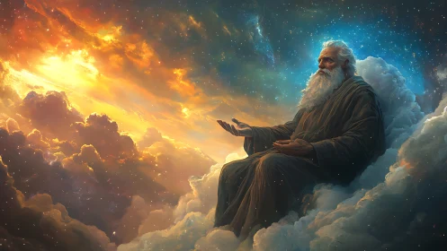 Celestial elder orchestrates sunrise across cosmic clouds