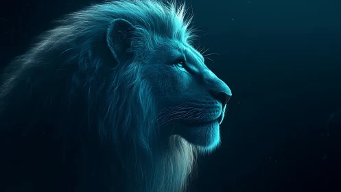 Luminescent lion profile glows against deep teal night sky.