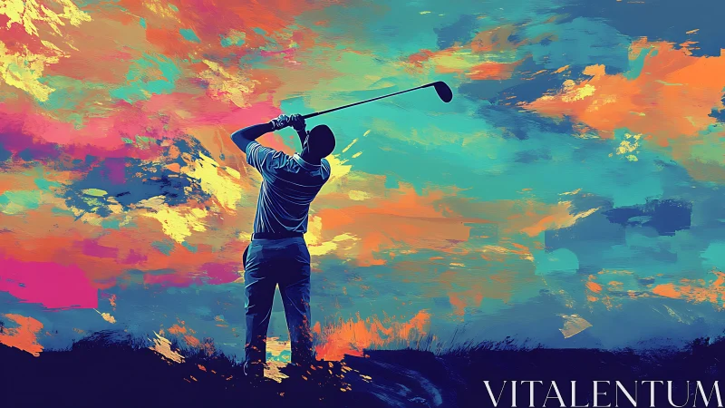 Golfer silhouette swings against vivid abstract sky backdrop
