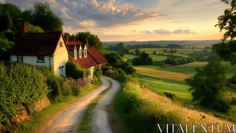 Sunlit country lane winding past cozy hillside cottages.