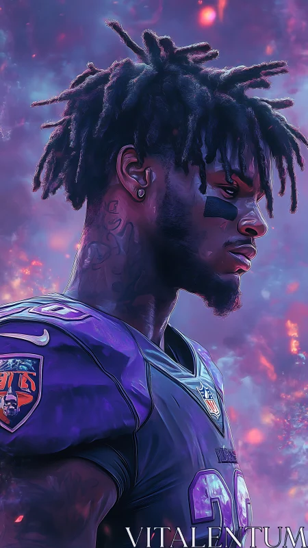 Football player portrait glows against cosmic purple sky