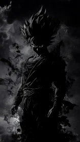 Shadow-charged anime warrior in monochrome cosmic storm.