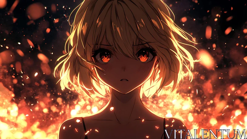 Incandescent anime portrait amid dynamically erupting embers.