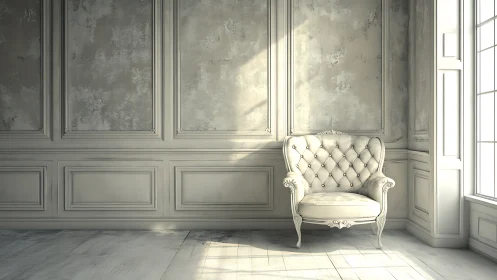 Vintage tufted armchair stands in sunlit neoclassical room
