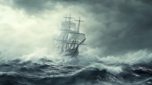 Tall ship sails through heavy storm waves under dark clouds