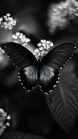 Black butterfly rests on blurred blooms in grayscale garden.