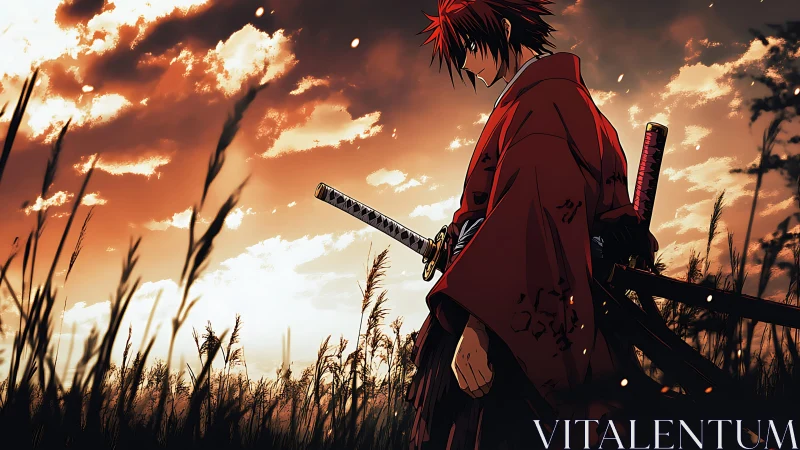 Samurai figure in sunset field with dual swords drawn.