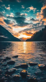 Sunset reflection over alpine lake with dramatic cloudscape.