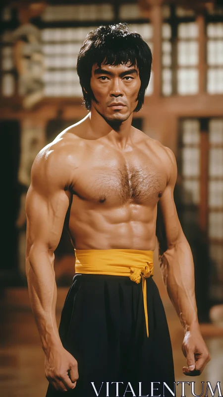 Martial artist poised in dojo with focused, intense expression.