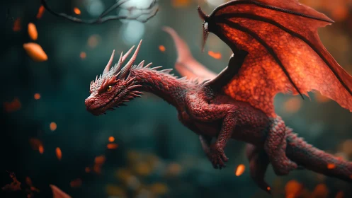 Crimson dragon soars through ember-lit forest dusk.