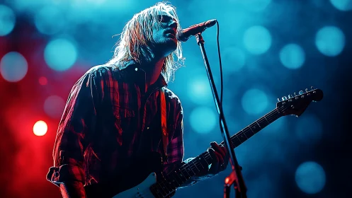 Backlit grunge guitarist under bokeh-saturated stage luminance.