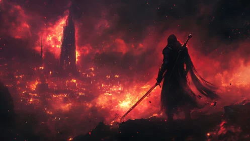 Hooded warrior watching burning city of fire and ash.