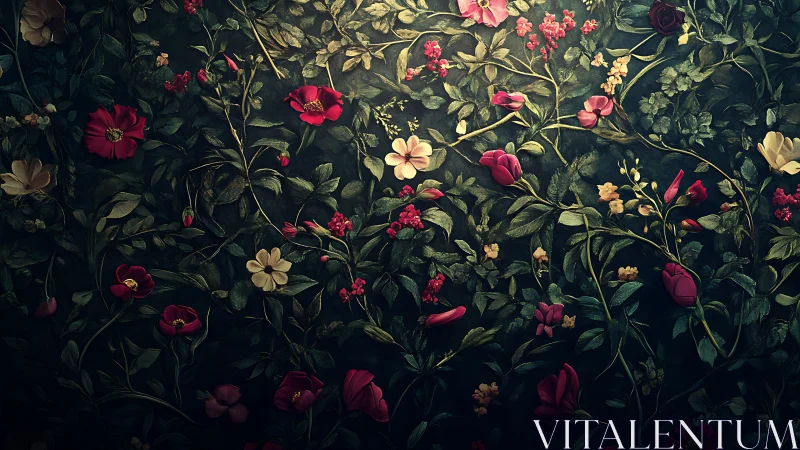 Dark Floral Garden: Rich Vintage Blooms Against Moody Backdrop