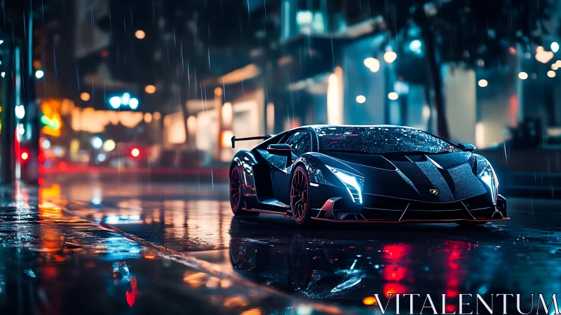 Rain-soaked hypercar under neon bokeh with reflective wet asphalt