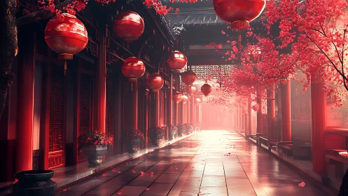 Lantern-lit temple corridor glows in soft cherry blossom haze