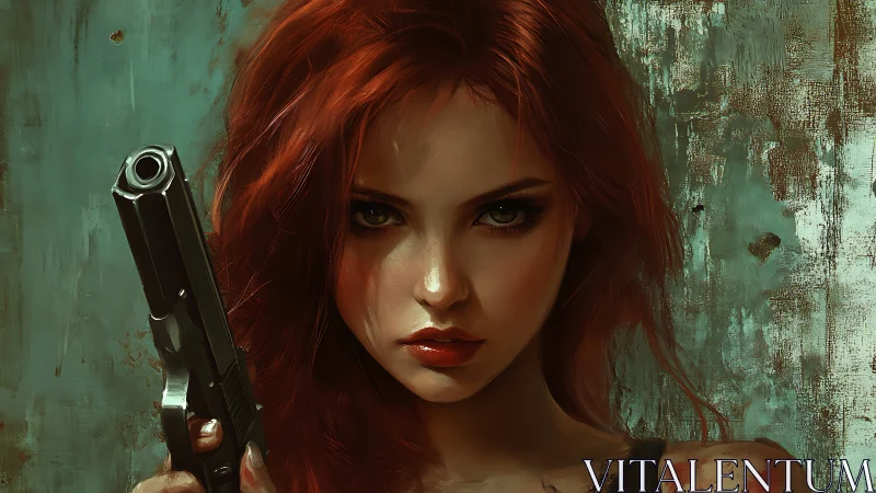 Red haired woman with handgun against weathered wall background.