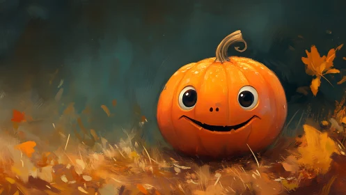 Orange pumpkin character on autumn ground in digital scene.