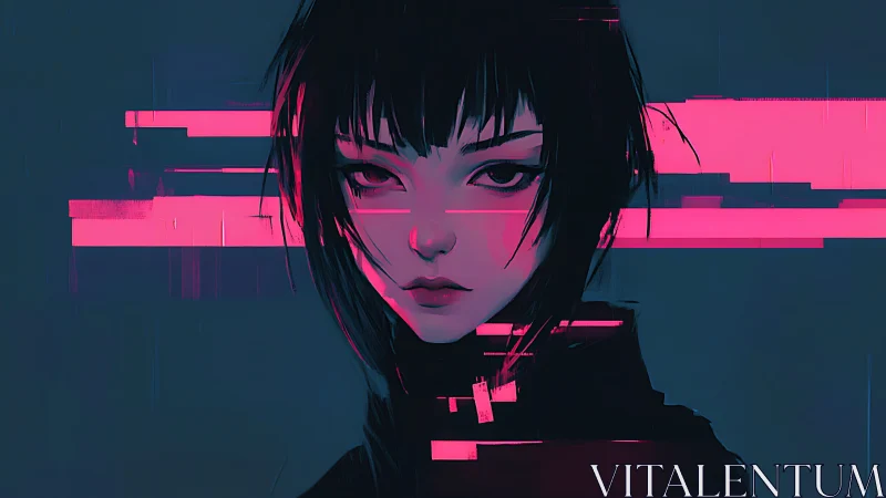 Neon gaze of a quiet cyber dreamer in glitching light.