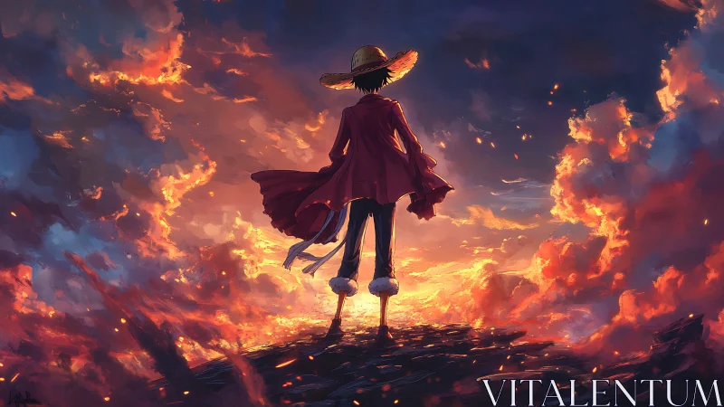 Straw hat hero stands over burning clouds at sunset