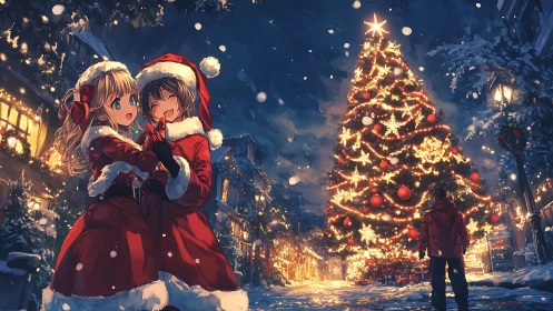 Anime friends in Santa outfits by lit Christmas tree.