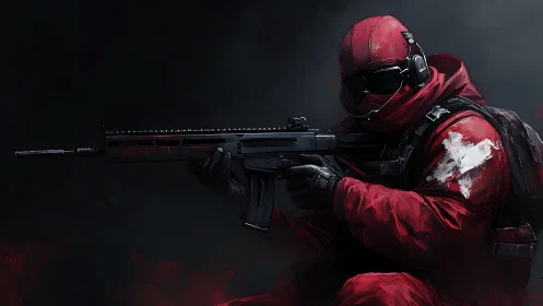 Armed tactical soldier in red gear holds rifle in darkness