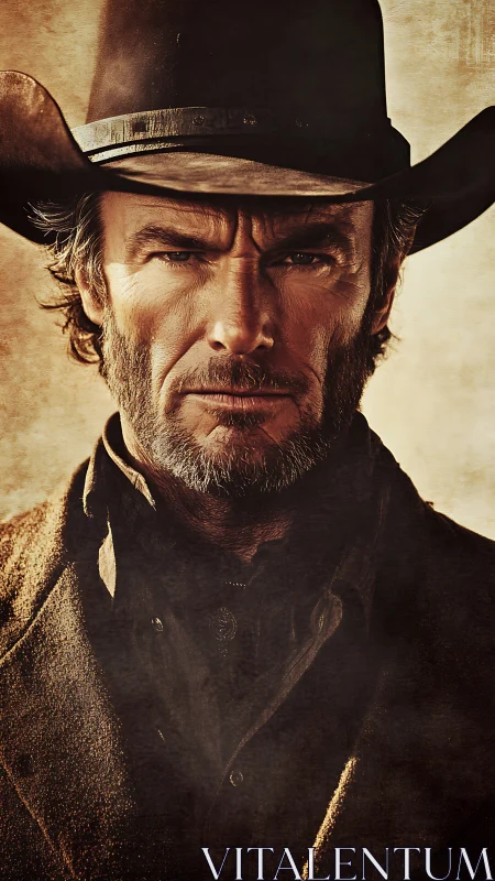 Weathered cowboy portrait under dramatic sepia lighting.