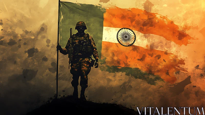 Silhouetted soldier stands before painted Indian flag backdrop