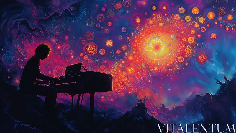Cosmic pianist silhouetted beneath radiant nebula of sound.
