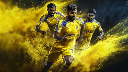 Three soccer players in yellow kits sprint through yellow smoke.