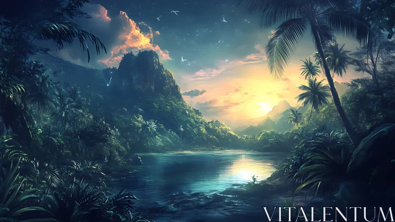Tropical River Sunset: Digital Fantasy Landscape.