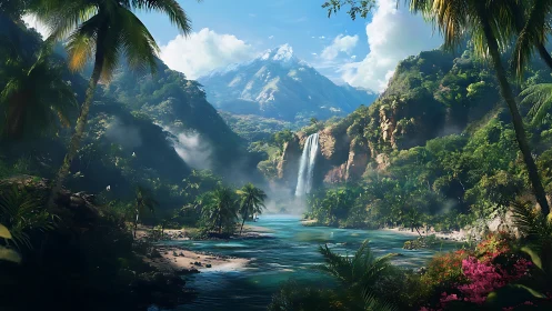 Tropical Waterfall Valley With Mountain Backdrop.