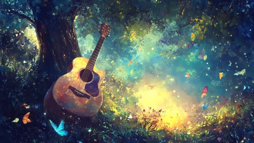 Guitar rests in glowing forest glade as butterflies drift by.