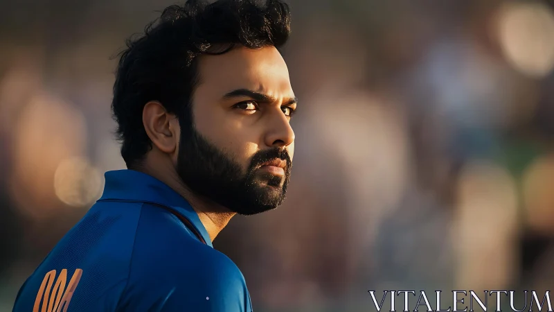 Cricket player studies field under warm stadium dusk light.