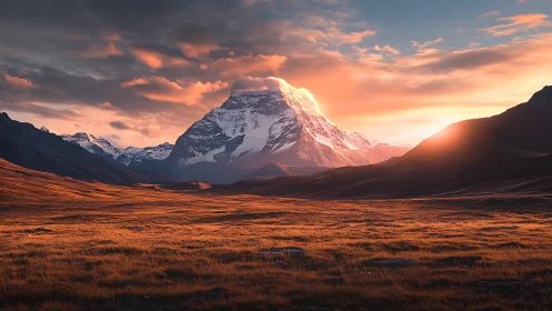 Sunstruck titan peak above ember-gold mountain prairie.