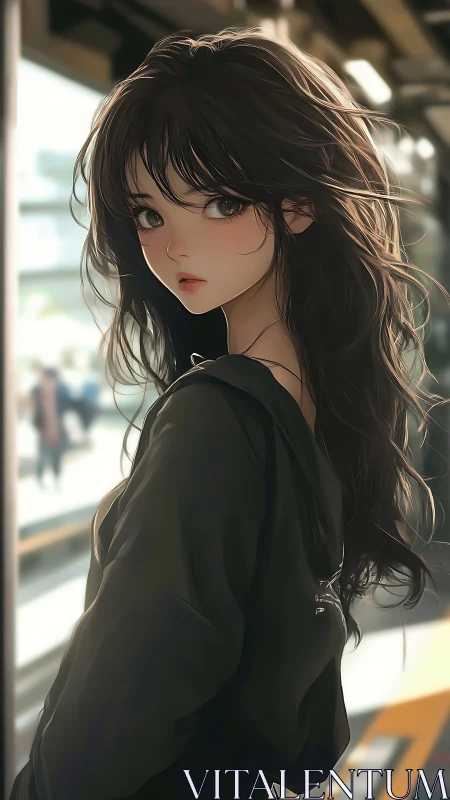 Soft-eyed girl at the station bathed in gentle morning light.