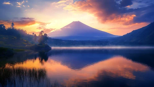 Sunlit volcano mirrors across calm lake at vivid sunrise