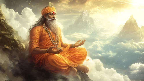 Hermit yogi in saffron robes meditating above cloud-layer peaks