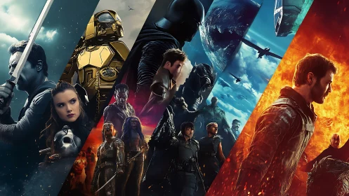 Ensemble of futuristic warriors across divided scenes.