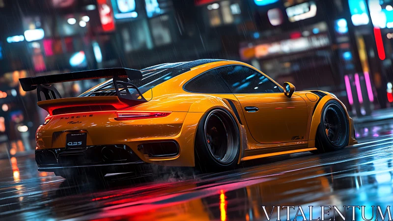 Yellow sports coupe is parked on wet neon city street at night