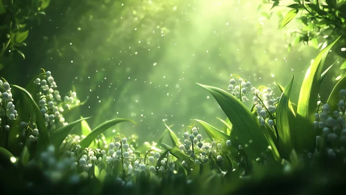 Backlit lily of the valley glade rendered in cinematic detail