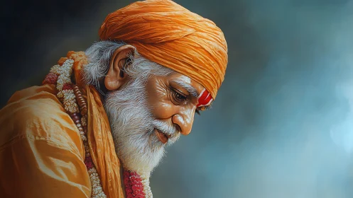 Elderly bearded man in orange turban with floral garlands.