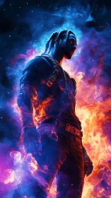 Fiery cosmic warrior stands between blue smoke and flames